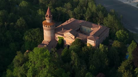 Aerial-drone-panoramic-view-of-Rivalta-castle,-Piacenza-in-Italy