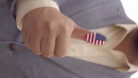 Businessman-showing-thumb-up-with-american-flag-on-finger---vfx-visual-effect-symbol---vertical-portrait