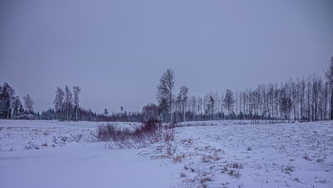 Low-angle-shot-of-snow-covered-field-with-cloud-movement-after-sunset-in-timelapse-along-rural-countryside-during-evening-time