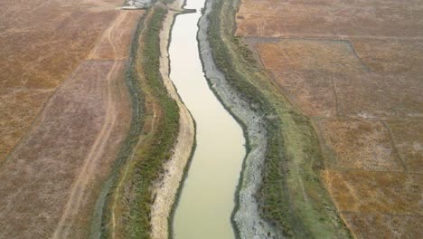 Luftaufnahmen-Von-Drohnen-Erfassen-Einen-Kontrollierten-Fluss-In-Einem-Wüstenland