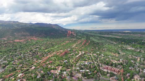 Aerial-wide-scenic-landscape,-housing-of-Colorado-Springs,-United-States---drone-pull-back