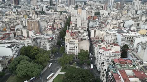 Aerial-Drone-Fly-Above-Center-of-Buenos-Aires-City-Argentina,-Neighborhood-and-Architecture-during-Daylight