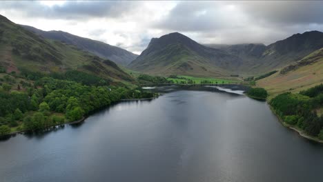 Aerial-view-over-Buttermere-Lake-towards-Honister-Pass,-The-Lake-District,-England