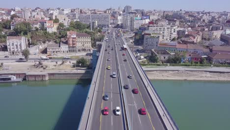Slow-4k-aerial-shot-of-Branko-bridge-and-Belgrade-city-centre-in-Serbia
