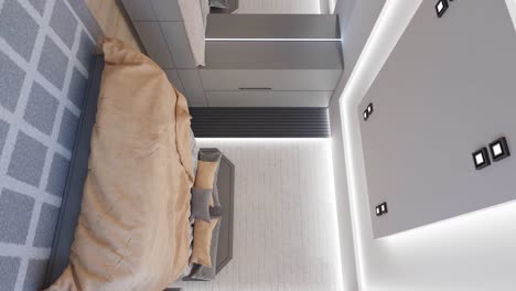 Vertikale-Schwenkaufnahme-Eines-Modernen-Luxusschlafzimmers-Mit-Hintergrundbeleuchtung-Und-Dekoration