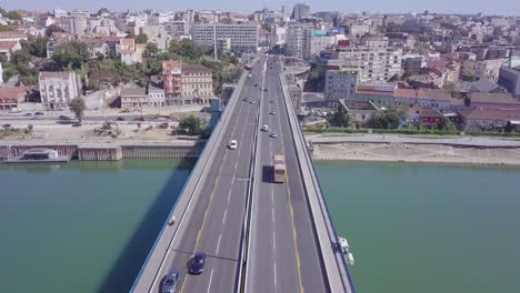 Slow-flyover-4k-aerial-shot-of-Branko-bridge-in-Belgrade