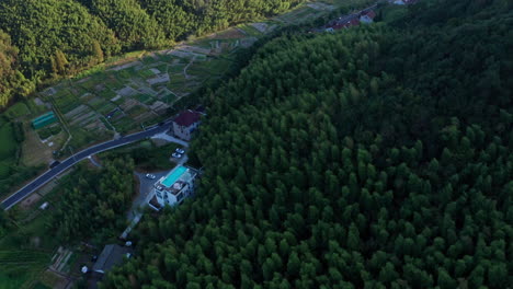 Aerial-Drone-Shot-Over-Bamboo-Forest-and-Quiet-Village-in-Moganshan,-China