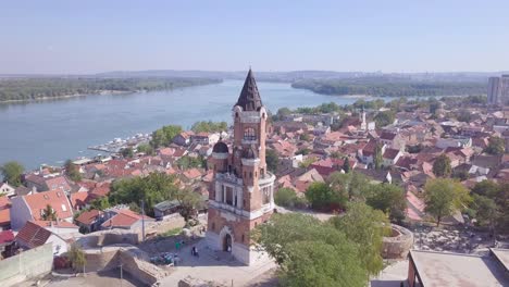 Static-still-4k-aerial-of-Gardos-Tower-in-Zemun-and-Danube-with-Old-city-center