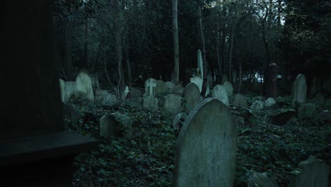 Grabsteine-Auf-Einem-Dunklen-Friedhof-überwuchert