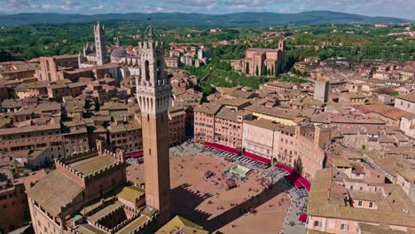 Aerial-view-of-Torre-del-Mangia-in-Siena,-Tuscany,-Italy