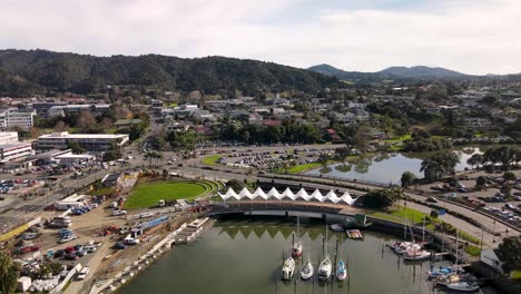 Aerial-view-of-Victoria-Canopy-Bridge-in-Whangarei-city,-New-Zealand