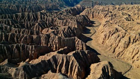 Aerial-over-the-Lunar-or-Yellow-Canyon-in-Charyn-which-is-part-of-Charyn-National-Park,-Almaty,-Kazakhstan