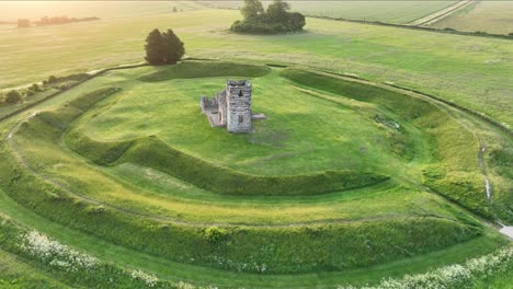 Aerial-view-of-Knowlton-Church-on-a-spring-morning,-Dorset,-England