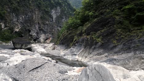 Mountain-Valley-Gorge-River-Bed-Ecology,-Taiwan-Taroko-National-Park-Hydropower-Source-Water-Energy-in-Protected-Area
