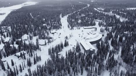 Aerial-view-Luosto-ski-resort-and-town-with-winter-snow-in-Finland