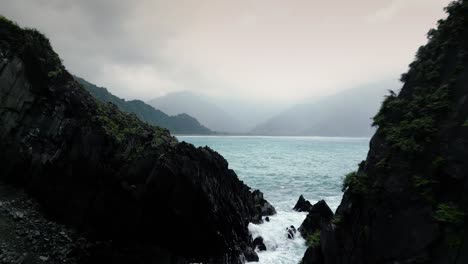 Atlantic-Ocean-along-Taiwan-Stunning-East-Coast,-Black-Cliffs-Rocks-Rough-Sea-Waves-and-Natural-Beauty,-Volcanic-Island
