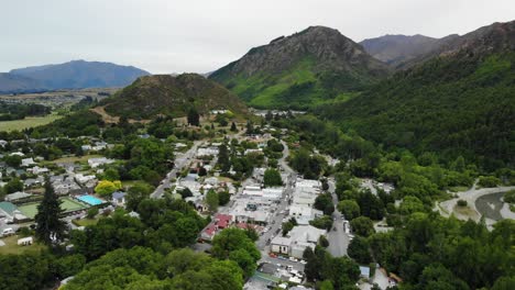 Aerial-View,-Picturesque-Valley,-Small-Town-in-Valley,-South-Island-New-Zealand