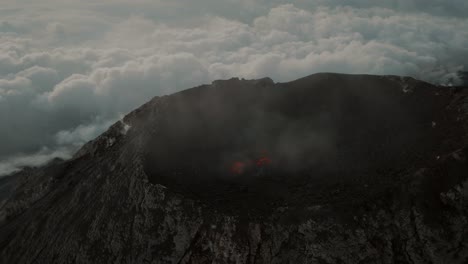 Aerial-View-Of-Fuego-Volcano-Crater-During-Sunset-In-Guatemala