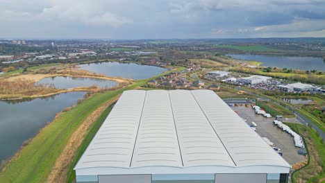 Aerial-cinematic-footage-of-commercial-complex,-trading-estates-in-the-city-of-Wakefield