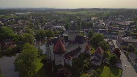 Fantastic-aerial-top-view-flight-Austria-Heidenreichstein-castle-in-Europe,-summer-of-2023