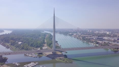 Slow-backwards-4k-aerial-shot-of-Ada-bridge-in-Belgrade