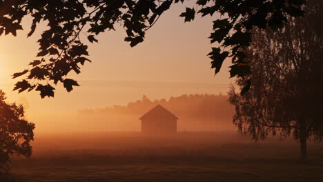 Beautiful-nature-landscape-of-Finland,-dolly-shot-of-countryside-barn-in-golden-morning-fog