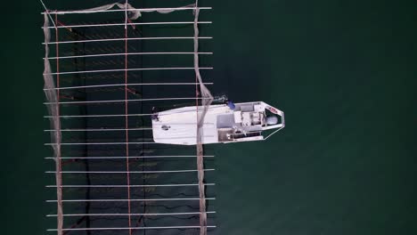 Aerial-top-down-shot-of-men-repairing-shellfish-structures-from-a-boat
