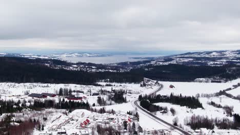 Rural-wintery-area-in-Scandinavia-in-wide-drone-dolly-shot