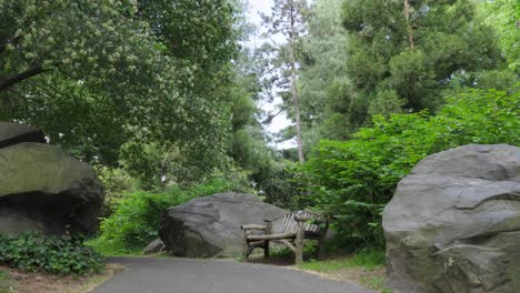 Ascending-a-black-asphalt-nature-trail,-green-trees,-bushes,-a-large-boulder,-and-a-rustic-log-park-bench-are-discovered-upon-reaching-the-hilltop