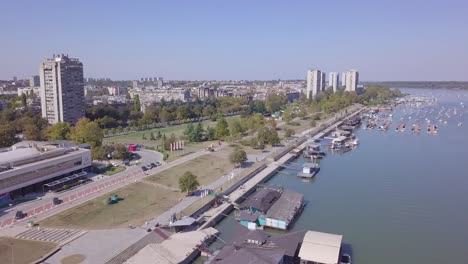 Panorama-4k-aerial-shot-of-Kej-and-Zemun-in-Belgrade,-summer-day