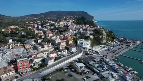 Numana-village,-Conero-Riviera-in-Le-Marche,-I-Italy,-drone-aerial-footage