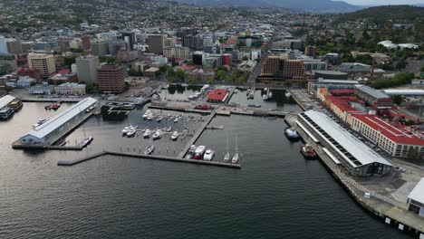 Constitution-Dock,-end-point-of-the-Sydney-to-Hobart-Yacht-Race-on-a-quiet-afternoon-from-the-air