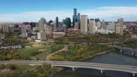 Daytime-aerial-drone-view-of-downtown-Edmonton-and-the-North-Saskatchewan-River-during-autumn-fall-taken-from-Rossdale-area