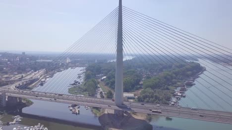 Slow-4k-panorama-shot-of-new-Ada-bridge-in-Belgrade-with-traffic