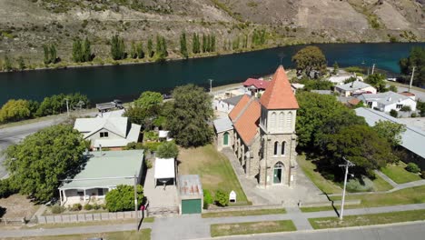 Aerial-view-of-Mary-Immaculate-and-the-Irish-Martyrs-Catholic-Church,-Cromwell,-New-Zealand