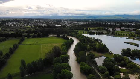 Ruamahanga-river-and-city-park-with-lake,-recreation-area-in-Masterton,-New-Zealand
