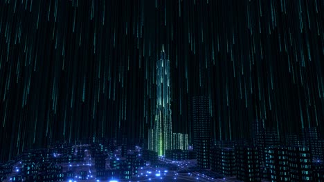 Futuristic-cityscape-of-virtual-cyber-city,-digital-technology,-artificial-intelligence,-information-data,-machine-learning-concept,-graphic-animation-in-loop