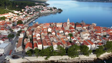 Korcula-Island-in-Croatia,-Aerial-Establishing-View-of-Old-City-Center