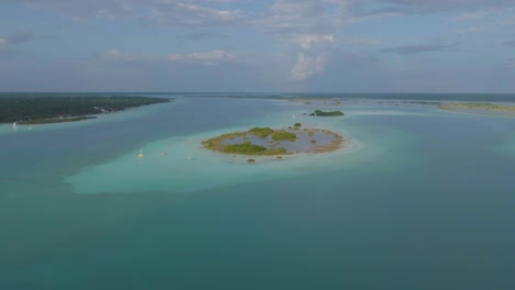 Remote-Tropical-Secluded-Island-on-Bacalar,-Mexico-Coast---Aerial-Landscape