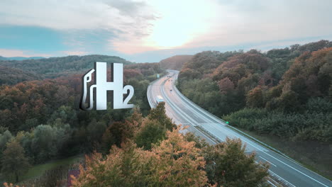 Aerial-view-of-traffic-on-road-between-forest-landscape-at-sunset-with-hydrogen-concept---Visual-H2-effect-symbol-and-motion-graphic---Futuristic-innovation