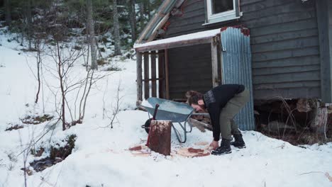 Man-Pushes-Wheelbarrow-And-Picks-Up-Chopped-Firewoods-On-Snow