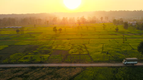 Drone-video-captures-a-truck-traversing-a-road-amidst-a-beautiful-golden-hour-mustard-field-in-the-Terai-plain-of-Nepal