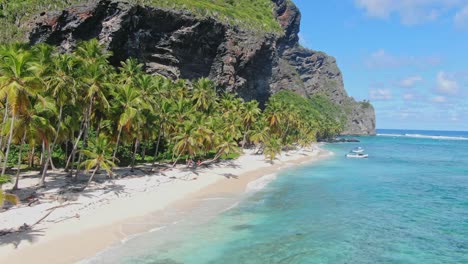 Turquoise-Ocean-Of-Playa-Fronton,-Las-Galeras,-Samana,-Dominican-Republic---drone-shot