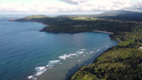 Aerial-view-over-hawaian-coast-of-Anini-Beach,-Kauai,-Hawaii