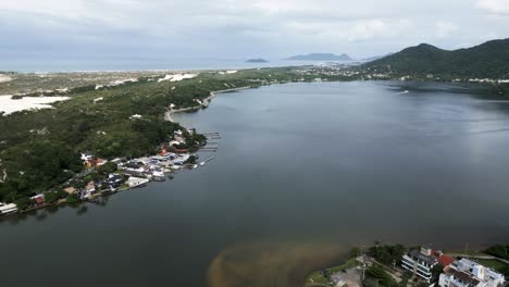Lagoa-de-Conceicao-Town-in-Santa-Catarina-Brazil,-Florianopolis,-Travel-Destination,-Aerial-Panoramic-View