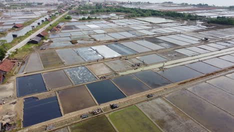 Aerial-view-of-the-vast-expanse-of-salt-ponds-at-seaside-area-in-Jepara,-Central-Java,-Indonesia