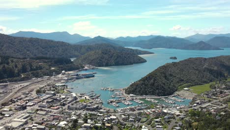Beautiful-aerial-panorama-of-Picton-town-in-Queen-Charlotte-Sound
