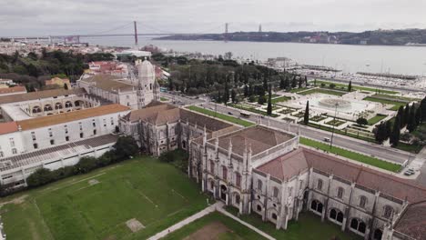 Aerial-circle-shot-over-Jeronimos-Monastery.-Lisbon,-Portugal