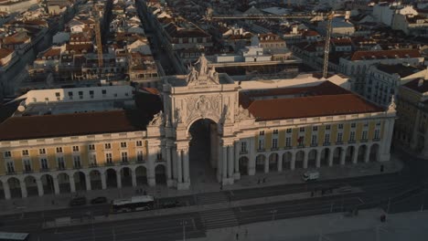 Areal-Drone-Footage-of-the-Historical-Center-Praca-do-Comercio-Town-Square-in-Lisbon,-Portugal,-Filmed-During-Sunset