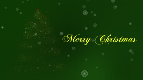 Merry-Christmas-Title-with-Magical-Tree-Appearing-with-Snow-Flakes-In-Dark-Green-Color